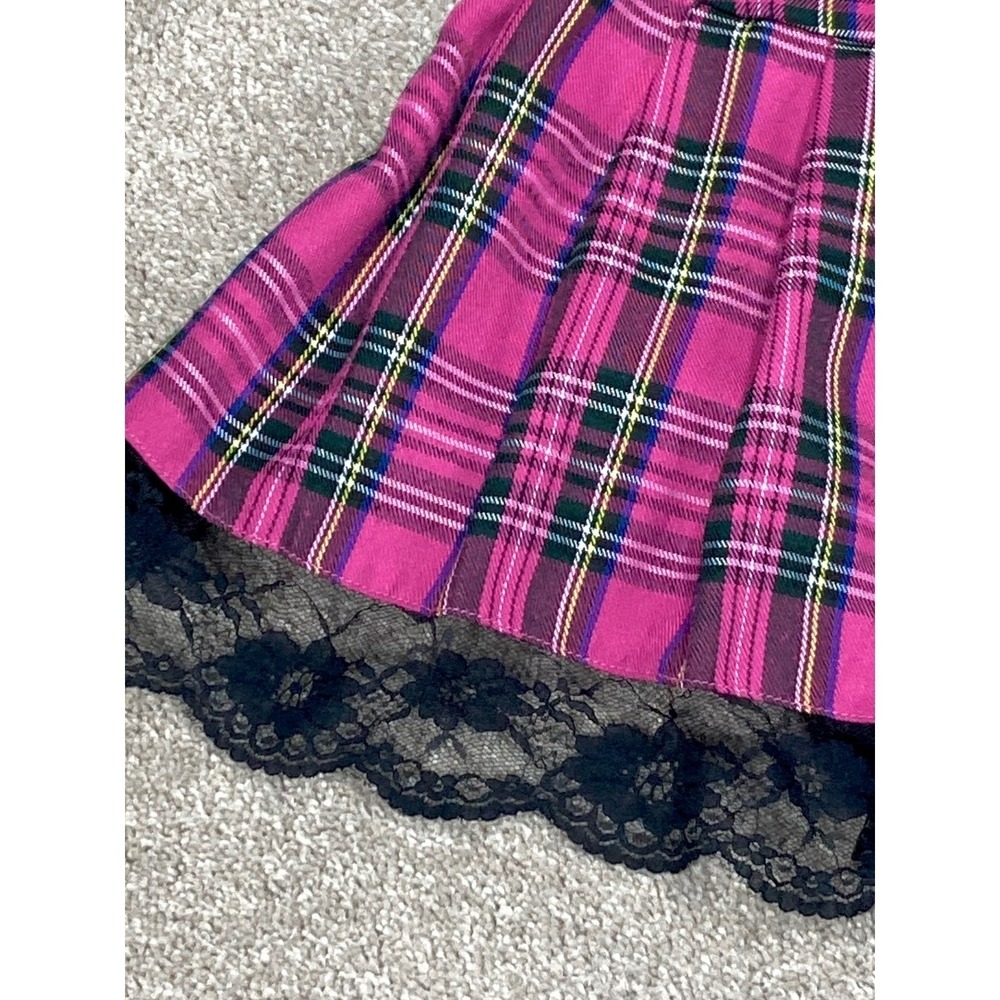 Lace Trim Pleated Plaid Academia Mini Skirt Womens S Pink Black Coquette Grunge - Picture 3 of 9